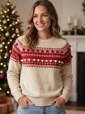 Brooks Brothers Merino Wool Christmas Sweater Cream and Red Size M . Holiday